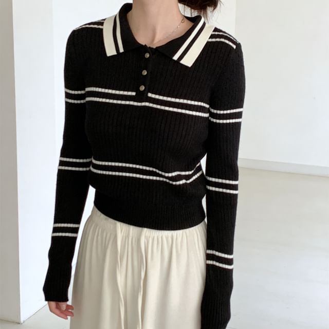Gilmort-Collared Striped Ribbed Knit Polo Sweater