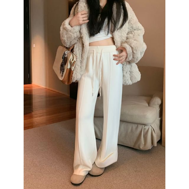 Gilmort-Drawstring Waist Plain Knit Wide Leg Pants