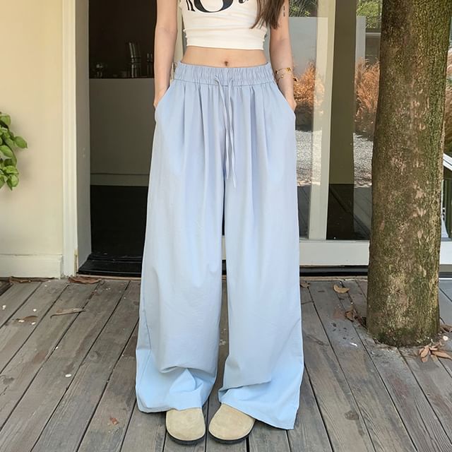 Gilmort-Drawstring Waist Plain Wide Leg Pants