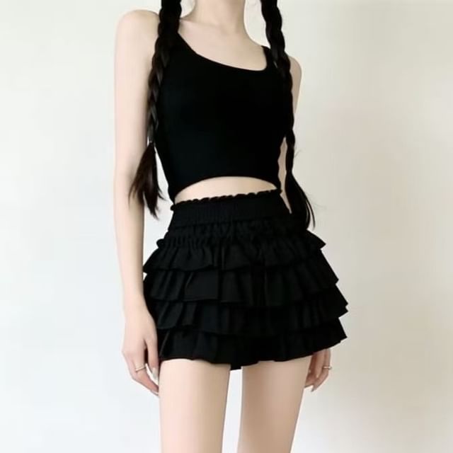 Gilmort-Elastic Waist Plain Mini Tiered Skirt