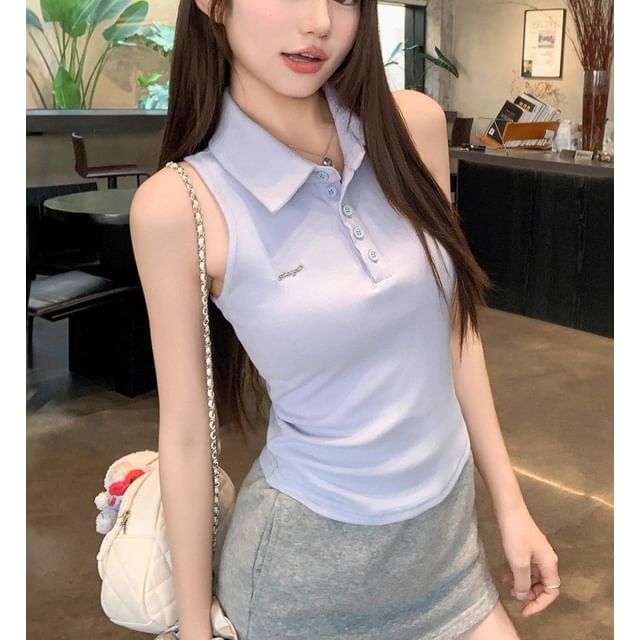 Gilmort-Half Button Plain Slim-Fit Polo Tank Top