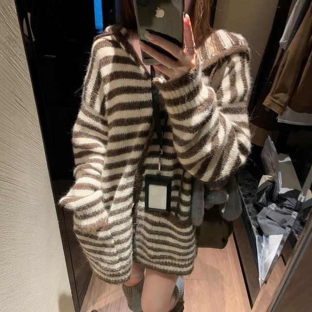 Gilmort-Hooded Striped Button Up Cardigan