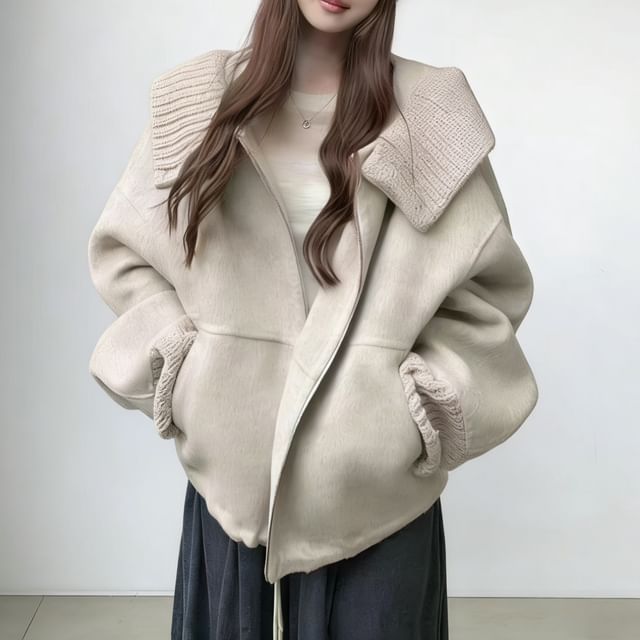 Gilmort-Knit Panel Hooded Zip-Up Plain Jacket