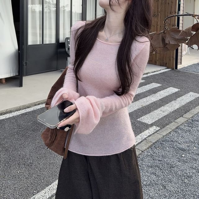 Gilmort-Long-Sleeve Boat Neck Plain Sheer Knit Top