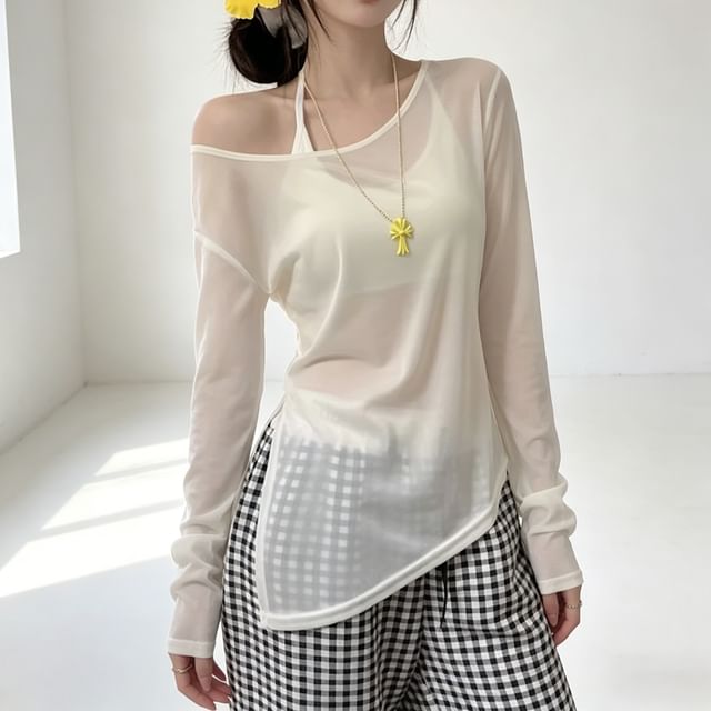Gilmort-Long-Sleeve Boatneck Asymmetrical Plain Top