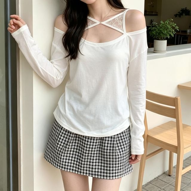 Gilmort-Long-Sleeve Cold Shoulder Lace Panel Cutout Plain Top