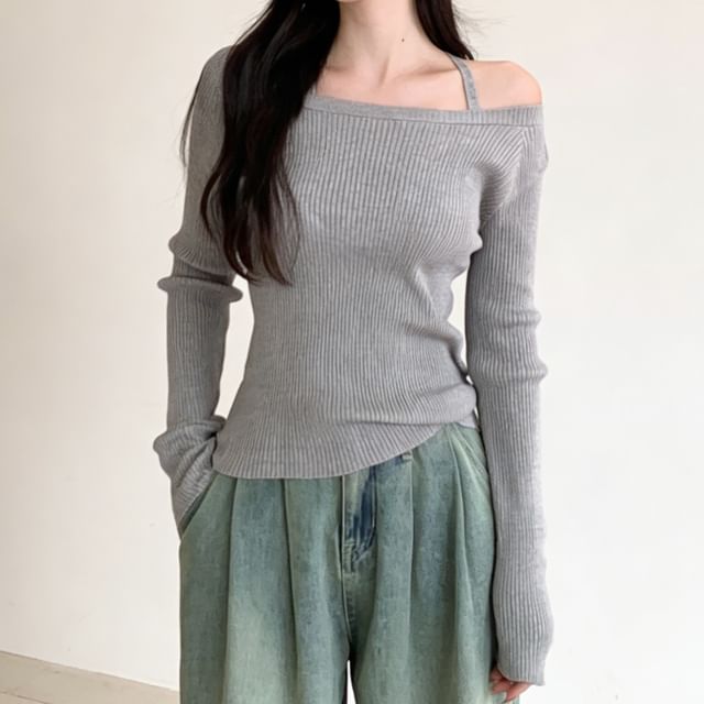 Gilmort-Long-Sleeve Cold Shoulder Plain Ribbed Knit Top
