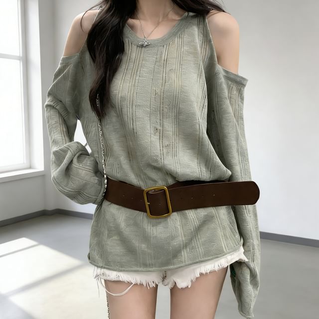 Gilmort-Long Sleeve Cold Shoulder Plain Ribbed Top