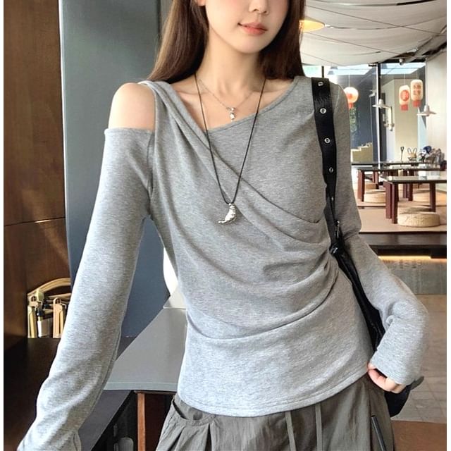 Gilmort-Long Sleeve Cold Shoulder Plain Slim-Fit T-Shirt