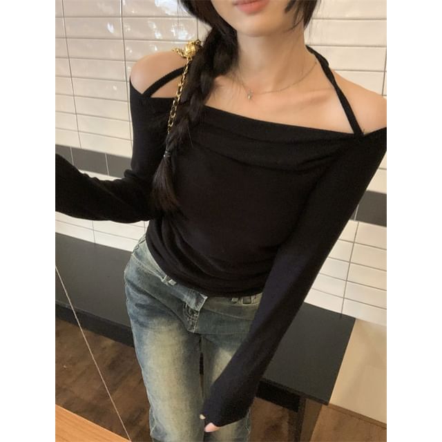 Gilmort-Long-Sleeve Cold-Shoulder Plain T-Shirt