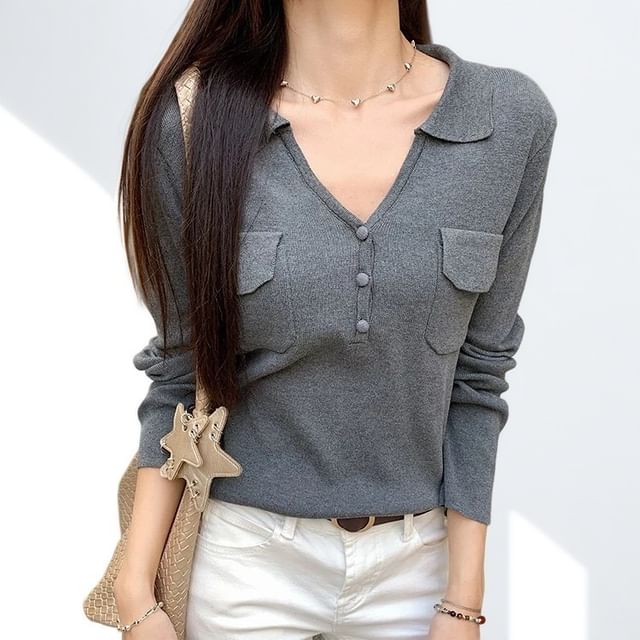 Gilmort-Long Sleeve Collared V-Neck Plain Flap Pocket Knit Top