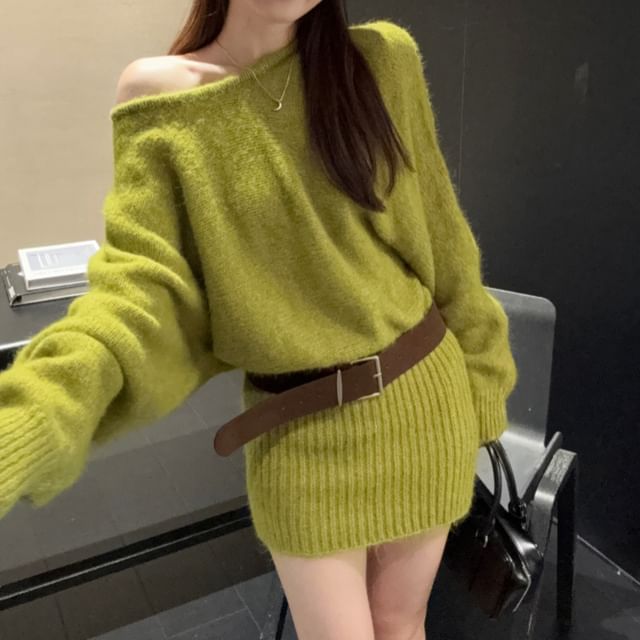 Gilmort-Long-Sleeve Off Shoulder Plain Mini Sweater Dress