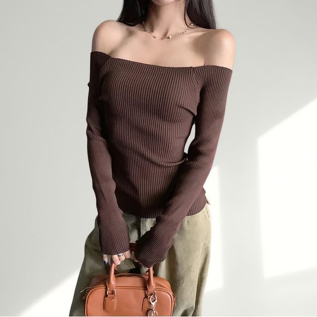 Gilmort-Long Sleeve Off Shoulder Plain Ribbed Knit Top