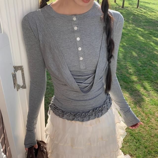 Gilmort-Long Sleeve Round Neck Plain Ruffle Mock Two Piece Button Top