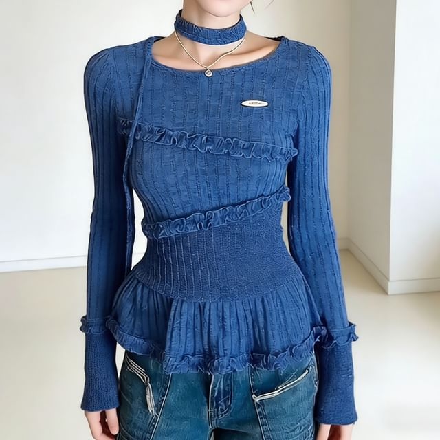 Gilmort-Long Sleeve Round Neck Ruffle Trim Knit Top