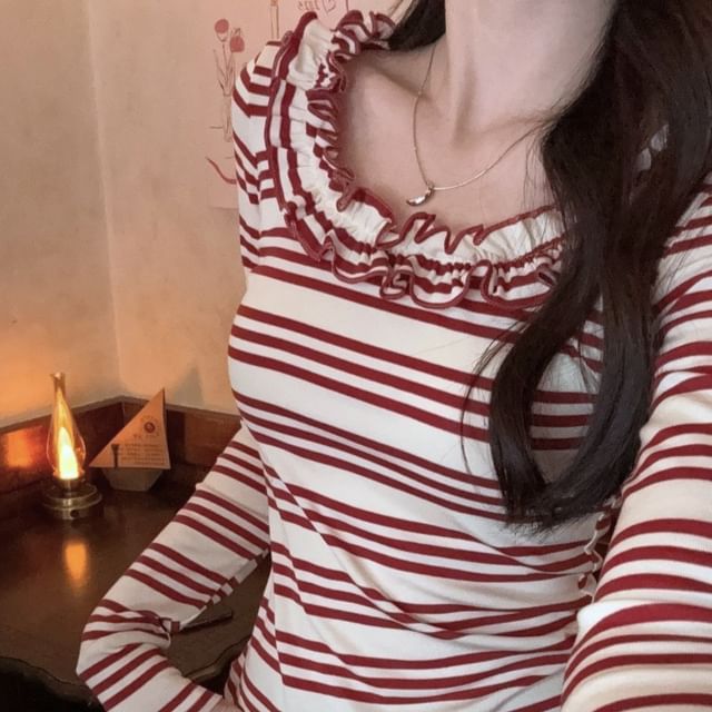 Gilmort-Long Sleeve Scoop Neck Striped Ruffle Top