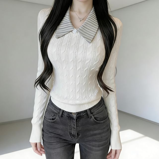 Gilmort-Long Sleeve Striped Collar Cable Knit Top