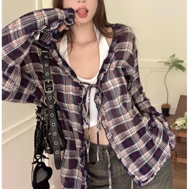 Gilmort-Long Sleeve V-Neck Plaid Ruffled-Trim Tie-Front Blouse