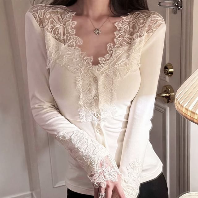 Gilmort-Long Sleeve V-Neck Plain Button Panel Lace Top