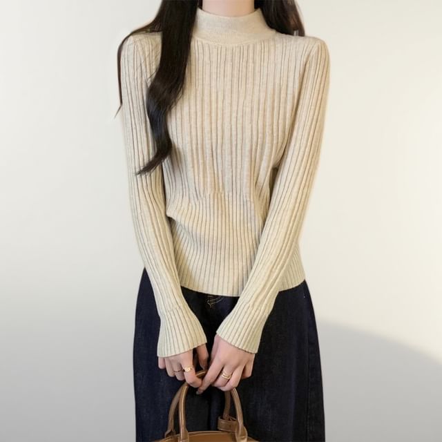 Gilmort-Mock Neck Plain Ribbed Sweater