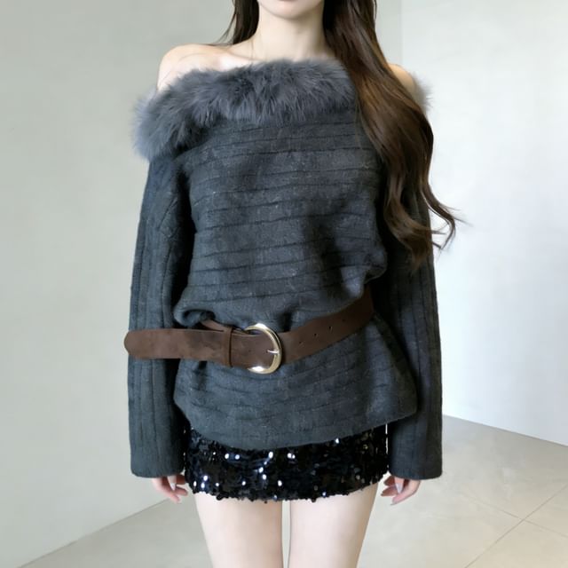 Gilmort-Off-Shoulder Plain Fluffy Trim Sweater Belt Set