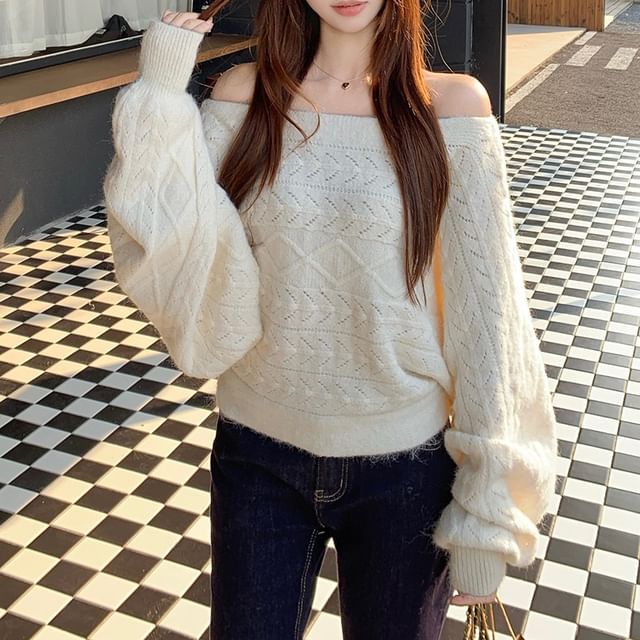 Gilmort-Off-Shoulder Plain Perforated Sweater