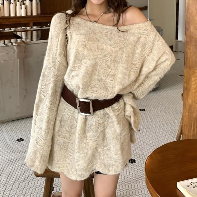 Gilmort-Off Shoulder Plain Sweater with Belt