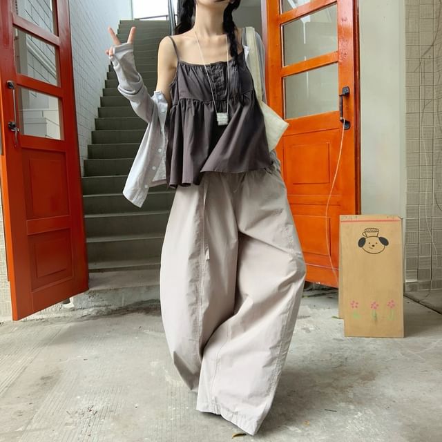 Gilmort-Plain Cami Top Cardigan Baggy Pants