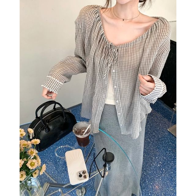 Gilmort-Puff-Sleeve Plaid Lace Trim Blouse