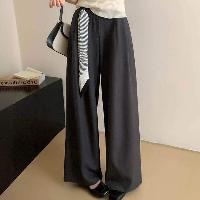 Gilmort-Set High Rise Plain Wide Leg Slacks Twilly