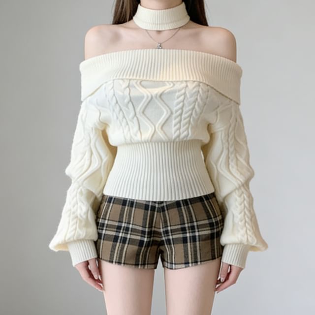 Gilmort-Set Off-Shoulder Plain Cable Knit Sweater Neckwarmer