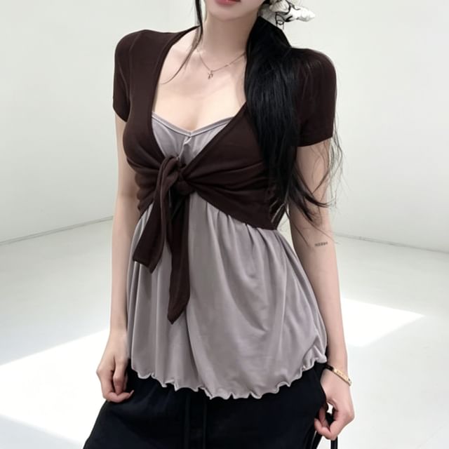 Gilmort-Set Short-Sleeve Plain Open Front Crop Top Spaghetti Strap V-Neck Plain Camisole Top