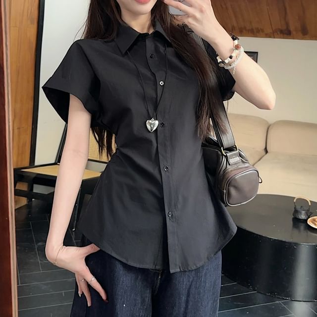 Gilmort-Short-Sleeve Collared Button-Up Plain Blouse