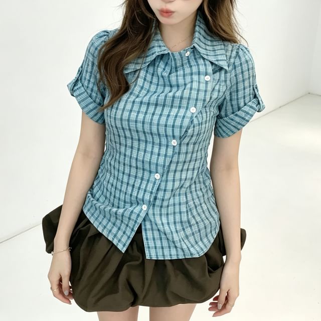 Gilmort-Short-Sleeve Collared Plaid Asymmetrical Button Shirt