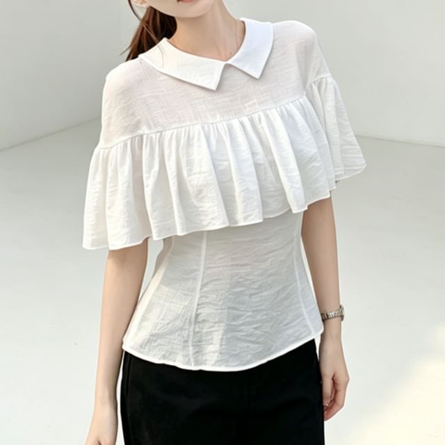 Gilmort-Short-Sleeve Collared Plain Ruffle Trim Blouse