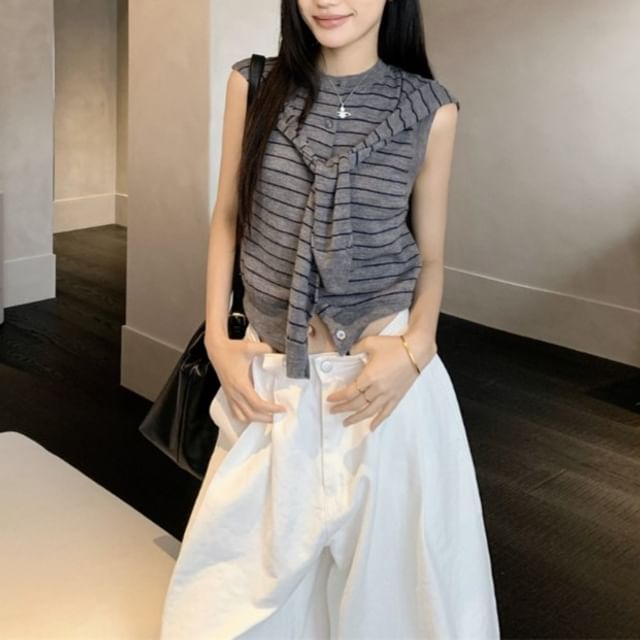 Gilmort-Sleeveless Round Neck Striped Mock Two Piece Button Up Knit Top