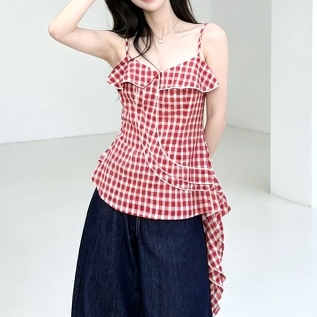 Gilmort-Spaghetti Strap Plaid Ruffle Trim Camisole Top