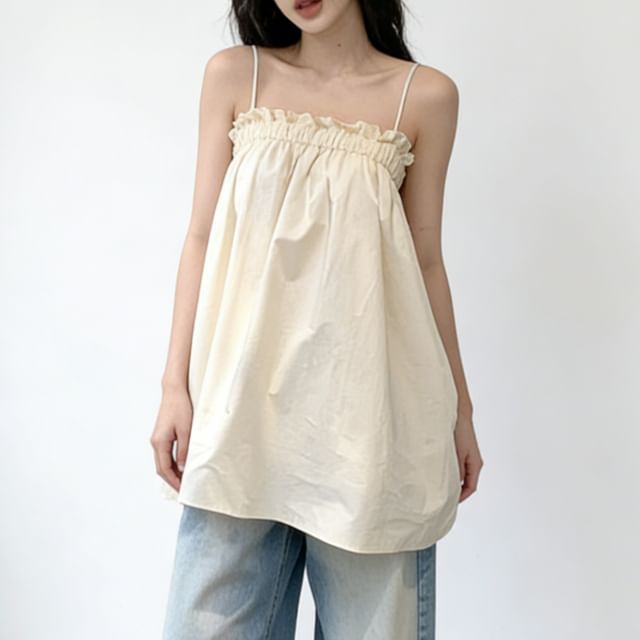 Gilmort-Spaghetti Strap Plain Ruffle Ruched Camisole Top