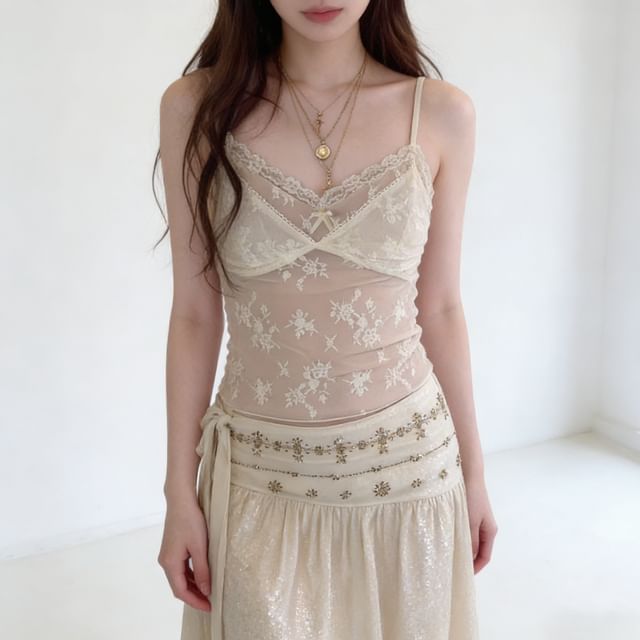 Gilmort-Spaghetti Strap V-Neck Plain Lace Camisole Top