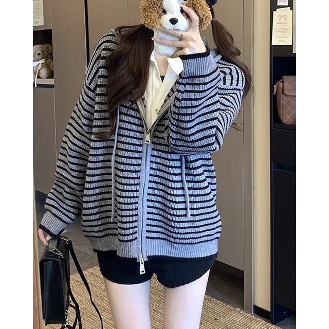 Gilmort-Striped Hooded Zip Cardigan