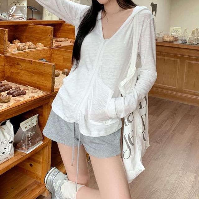 Gilmort-V-Neck Hooded Zip-Up Plain Light Jacket Drawstring Waist Hot Pants