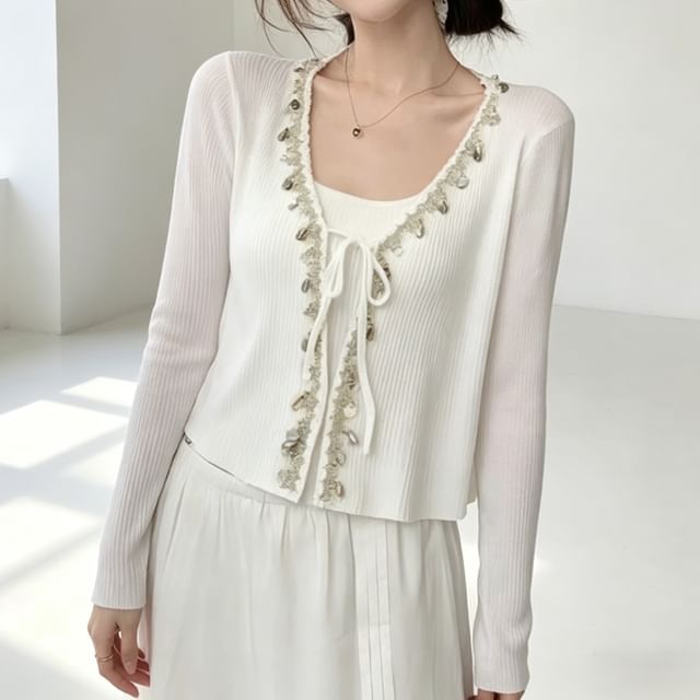 Gilmort-V-Neck Open Front Sequin Crop Cardigan