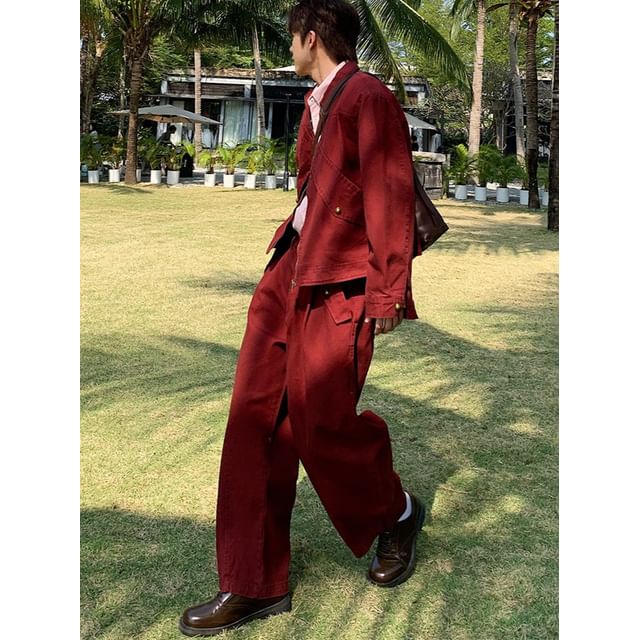 Giuliana-Collared Plain Zip Barn Jacket Mid Rise Plain Wide Leg Pants