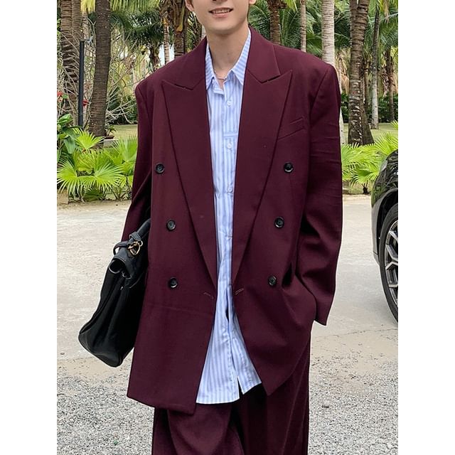 Giuliana-Lapel Collar Plain Double Breasted Blazer Mid Rise Plain Wide Leg Dress Pants Set