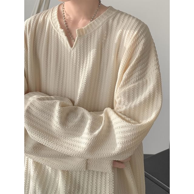 Giuliana-Notch Neck Plain Textured Sweatshirt