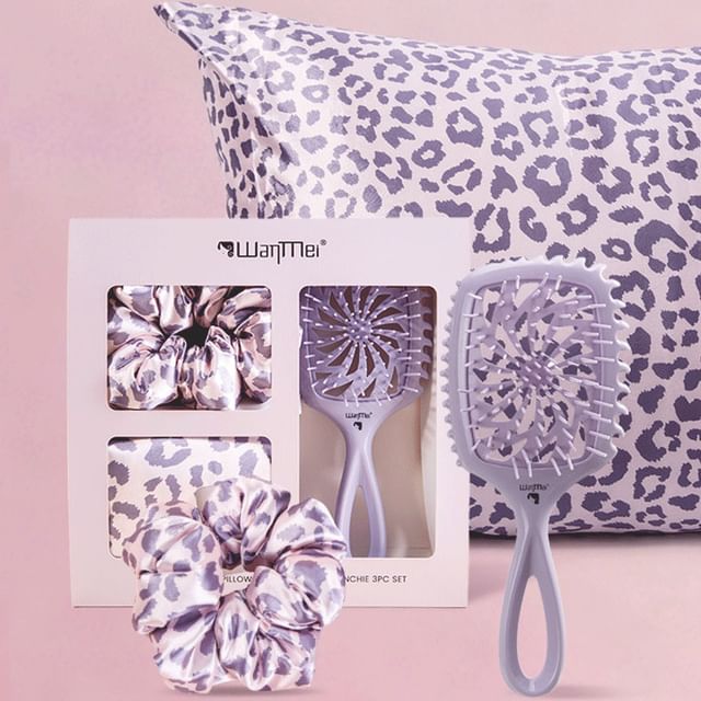 Gizmi-Set Hair Brush Leopard Print Scrunchie Pillowcase