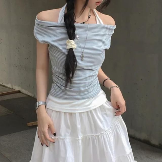 Glotto-Cap-Sleeve Halter Neck Striped Crop Top