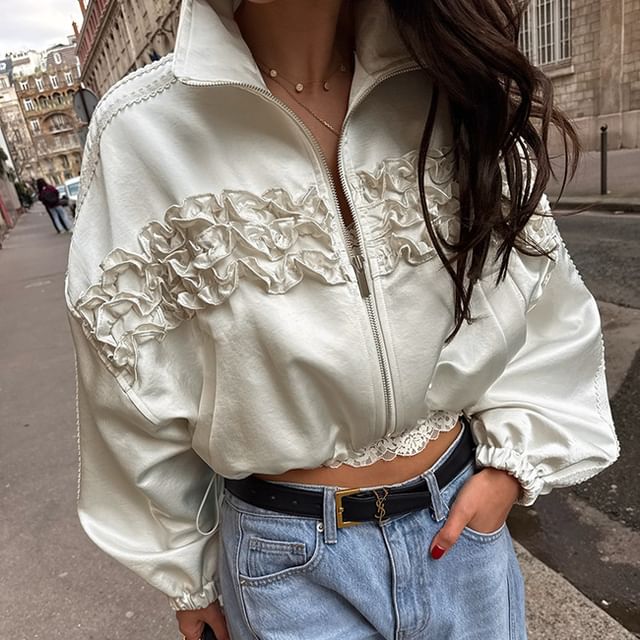 Glotto-Collared Frill Trim Zip-Up Crop Jacket