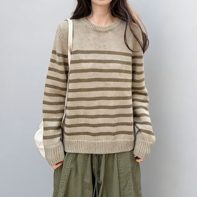Glotto-Crew Neck Drop Shoulder Striped Sweater