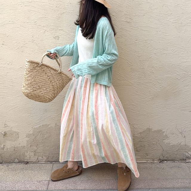Glotto-Crew Neck Perforated Button-Up Plain Cardigan